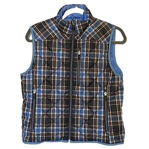 Lands End Puffer Vest Womens Small 6-8 Blue Plaid Sleeveless 3 Pocket Design